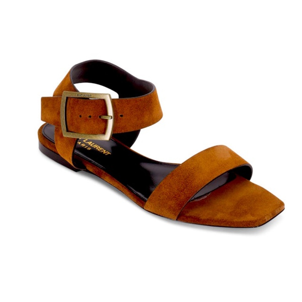 🧡🍃Saint Laurent Land Oak Suede Buckle Flat Sandals